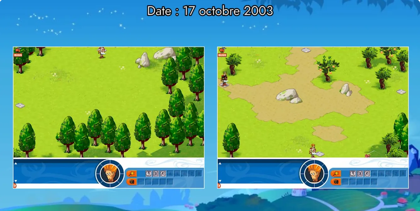 Comparaison portrait/sprite d'un Iop (coiffure longue sur le médaillon, coupée en jeu) et cases de changement de carte grises sans "soleil" — plus ancien screenshot connu de la bêta, deux jours après la sortie de la 1b