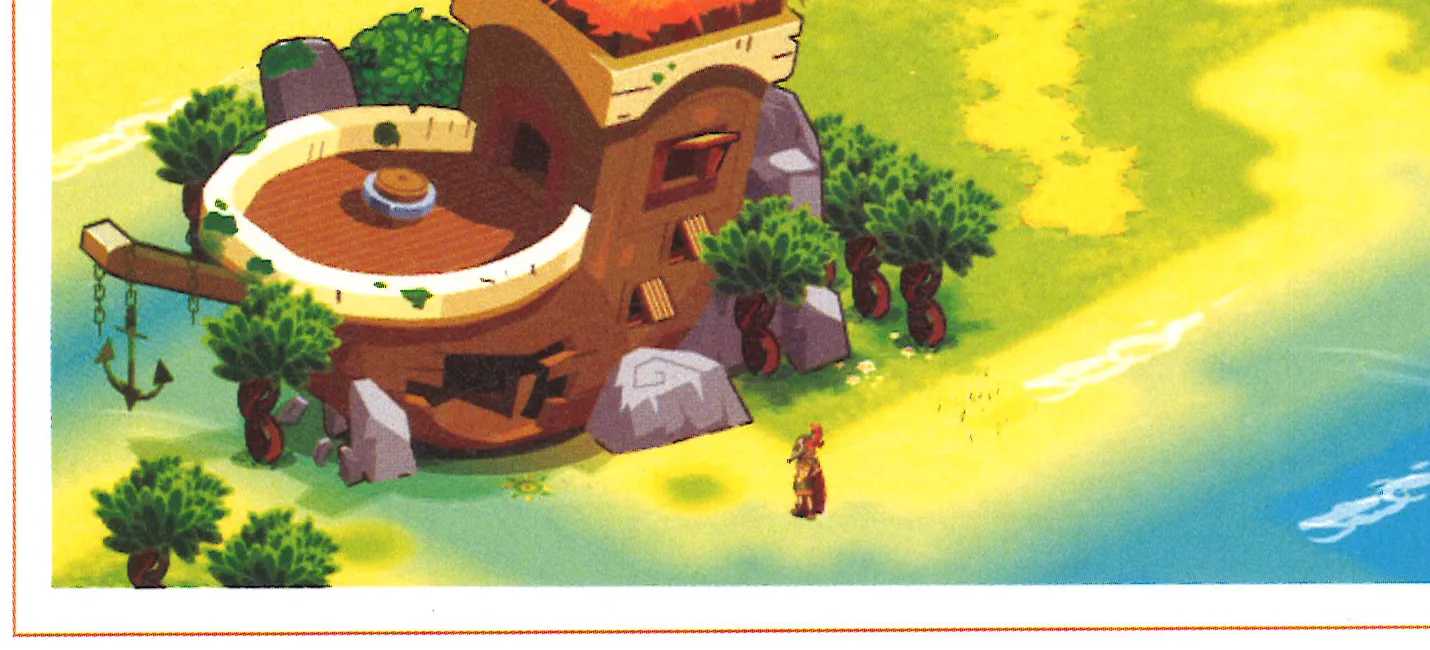 Maison ronde au toit conique sur une plage, personnage à proximité, dans un encart "Dofus - Petit mais costaud !"